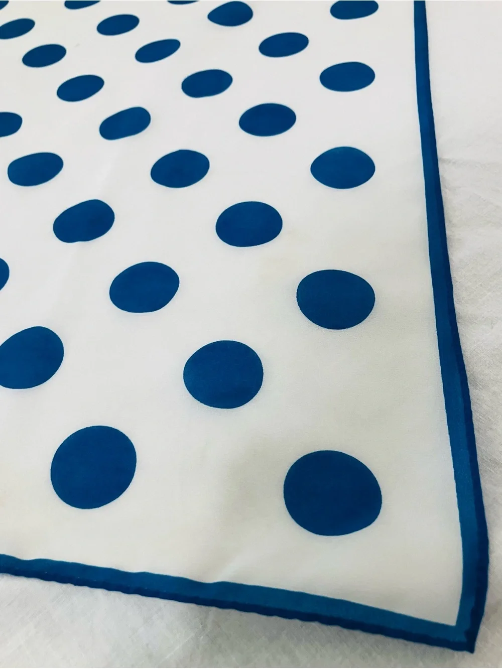 80's White Scarf with Royal Blue Polka Dots